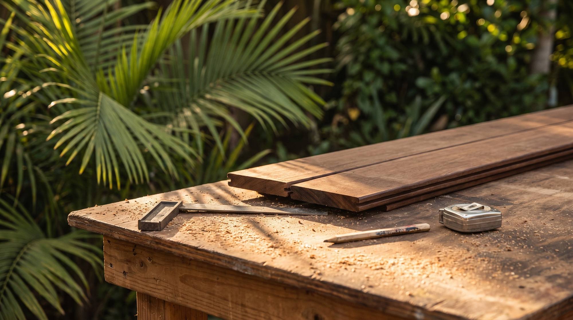 Cut hardwood decking boards, a framing square, a pencil and a tape measure on a workbench