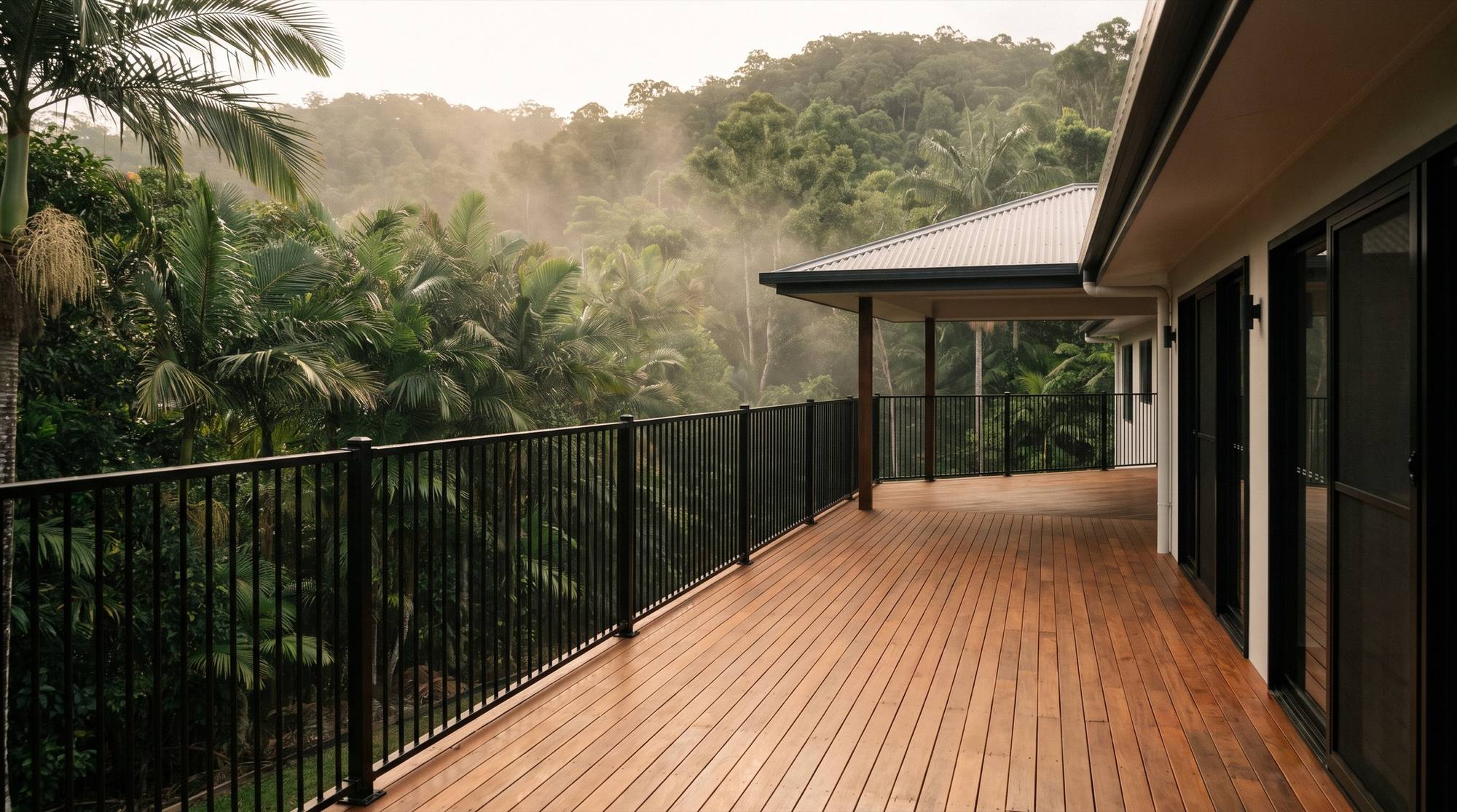 A timber deck with a black balustrade running along a home, rainforest ridge behind